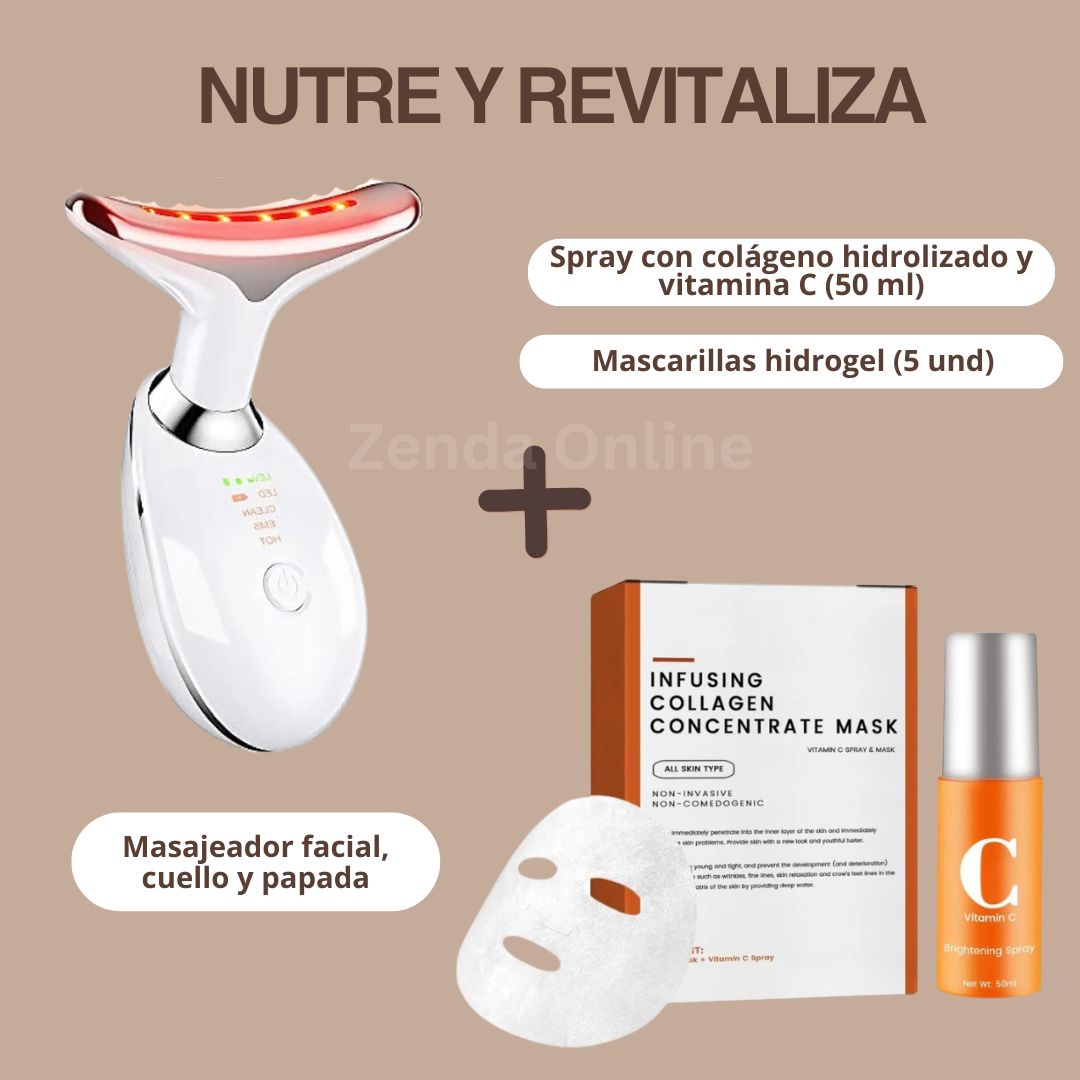 Kit Facial Premium (Masajeador + Colágeno + Mascarilla) Nutre y Revitaliza Rostro y Cuello - Solo hoy 40% de Dcto.
