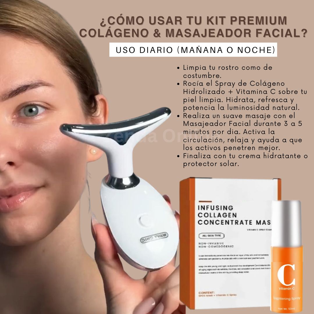 Kit Facial Premium (Masajeador + Colágeno + Mascarilla) Nutre y Revitaliza Rostro y Cuello - Solo hoy 40% de Dcto.
