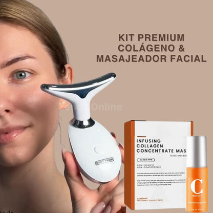 Kit Facial Premium (Masajeador + Colágeno + Mascarilla) Nutre y Revitaliza Rostro y Cuello - Solo hoy 40% de Dcto.